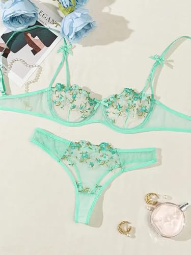 Lilosy Sexy Bows Floral Embroidered Mesh Sheer Underwire Lingerie Set 2 Piece Women Flower Push Up See Through Bra and Panty Light Green Medium