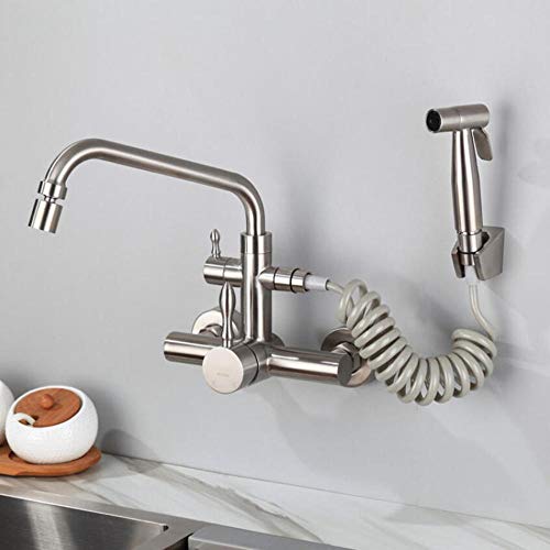 Robinet de cuisine mural en acier inoxydable 304 avec pistolet extractible double eau