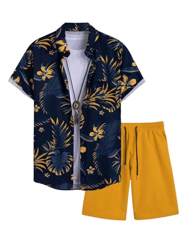 Men's 2 Piece Short Sets Outfits Button Down Floral Shirts and Drawstring Waist Shorts Tracksuits
