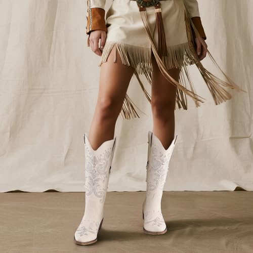 FancyQueen Western Cowboy Boots for Women, Knee High Cowgirl Boots with Classic Embroidered Slip On Chunky Heel Boot for Girls Ladies4