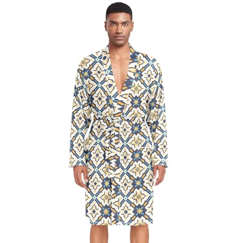 Amooorous - Albornoz plano con patrón geométrico maltés, bata de baño cálida para hombre, vestido de noche con cuello en V, camisa de dormir para dormir, talla L