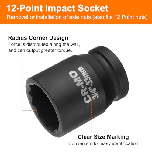 sourcing map 3/4-Inch Drive 12 Point Impact Socket 33mm Metric Spindle Axle Nut Socket Driver Wrench for Auto Repair Easy Removal - Image 3