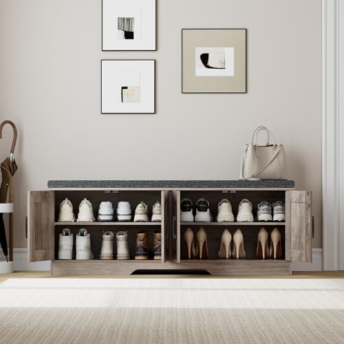 HOMSHO 2-Tier Storage Bench, 47.2" Wide Shoe Bench with Padded Seat Cushion, Entryway Bench with 4 Barn Doors and Adjustable Shelf, Greige by HOMSHO - Image 3