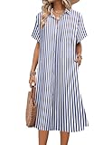 HOTOUCH Womens Stripe Shirt Dress Boho Summer Linen Button Down Soft Midi Dresses Lapel Flowy Casual Loose Sun Dress with Pockets Blue Stripe L