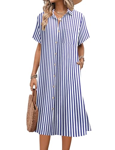 HOTOUCH Womens Summer Dress Casual Midi Short Sleeve Shirt Button Down Loose Beach Dress with Pockets Blue Stripe