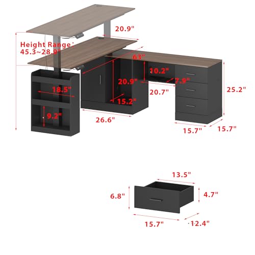 MOUMON L Shaped Electric Standing Desk with 3 Drawers and Shelves, Executive Adjustable Height Desk, 63 inch Tabletop, for Office Deep Brown and Black 63”W x 63”D x 28.9-45.3”H