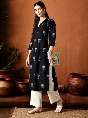 Image of Amazon Brand - Tavasya Women Ethnic Motifs Printed 3 /4th Sleeve Kurta | Straight Fit Shirt Collar Salwar | Everyday Ethnic Wear