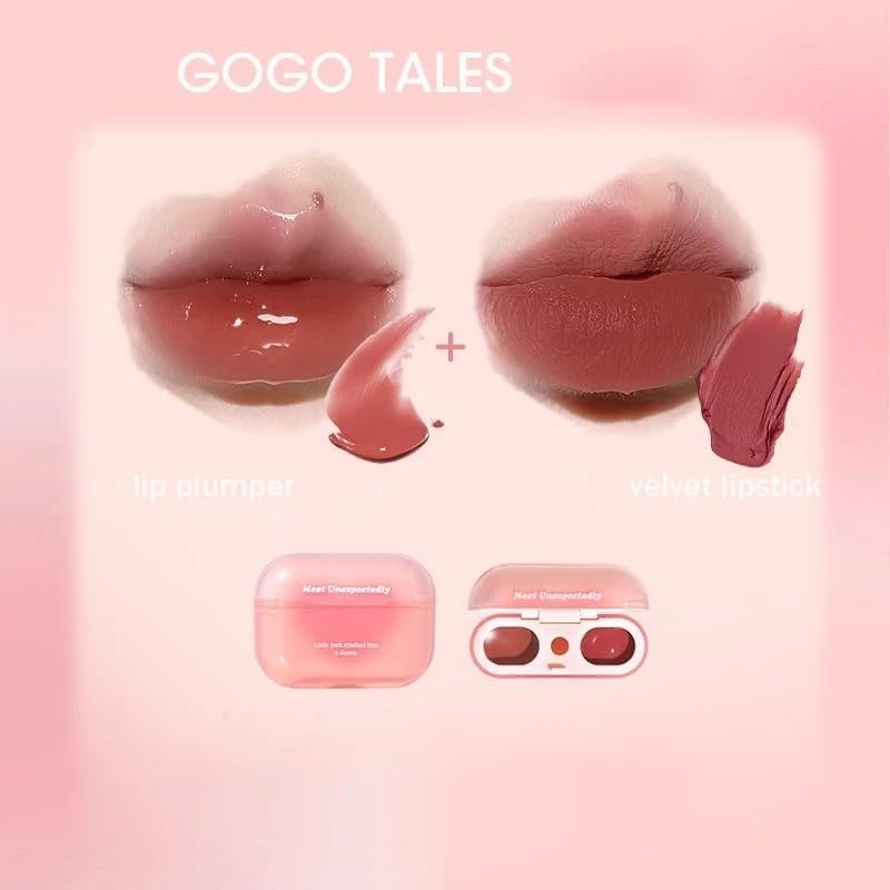 Image of Earbuds lipstick Double Lip Gloss Mirror Finish Nude Color Korean Lipstick Matte Non-Sticky Lip Mud Long-Lasting Hydrating Lip Gloss Double Matte Lip Clay Tint With Heart-Shaped Applicator Headphone 2in1 Lipcolor