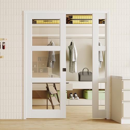 Image of Sliding Pocket Door with Lock, 64 inch x 80 inch, 3-Lite Clear Tempered Glass Pocket Doors with Frame and Hardware Kit Set, Interior Door Slab, White Primed - No Panel Assembly Required