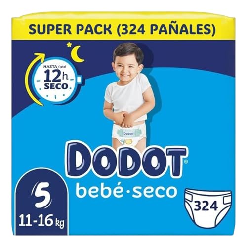 Dodot Bebé-Seco Talla 5 (11-16 kg) - Pack de 324 Pañales Ultra Absorbentes con Triple Protección Antifugas, Barrera Stop Fugas y 12 de Sequedad