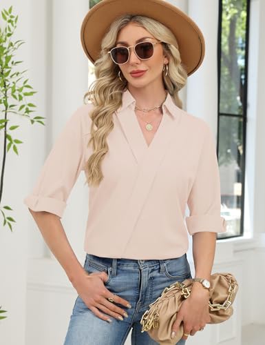 Image of LOMON 3 /4 Length Sleeve Womens Tops Dressy V Neck Collared Shirts Trendy Business Casual Work Blouses Vacation Outfits 2026