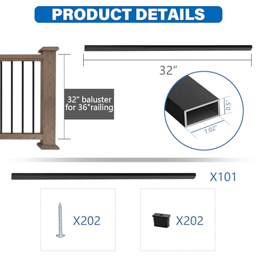 Balaustres rectangulares de aluminio negro de 32 pulgadas para barandillas de cubiertas pack de 101 2