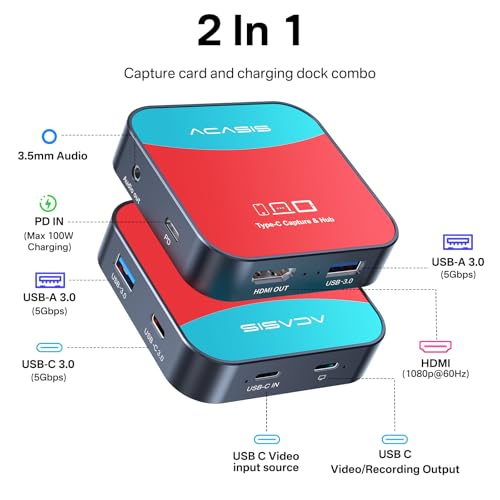 Image of ACASIS Capture Card & Docking Station 2-in-1 for Nintendo Switch - 1080P 60FPS Video Capture for Nintendo /Streaming /Meeting, 2 USB-A 3.0, 1 USB-C 3.0 for Data Transfer