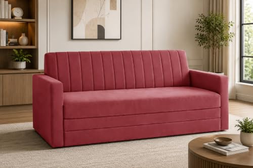 Image of 3-Seater Velvet Sofa Cum Bed with Armrests | Modern Convertible Sleeper Couch | Stylish Sofa Bed for Living Room, Bedroom & Office | Red
