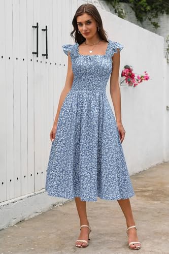 Image of Women's 2026 Spring Summer Floral Midi Dresses Square Neck Smocked Waist Beach Wedding Guest Long Flowy A Line Sundress