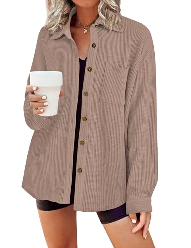 HOTOUCH Waffle Button Up Shirt Women Long Sleeve Lightweight Shackets Collared Soft Loose Fit Tops with Pocket Khaki XL
