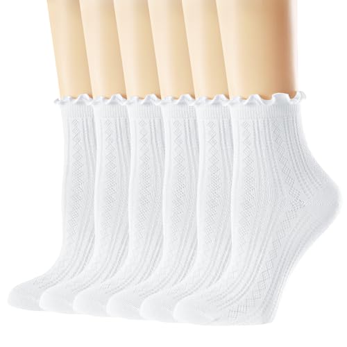 Image of Mcool Mary Womens Crew Socks Ruffle Casual Cotton Frilly Breathable Cute Knit Lettuce Trim Dress Ankle Socks 6 Pack