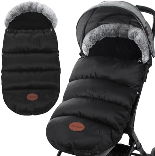 Ameble Stroller Footmuff Thickened Fleece Lined, Warm Winter Cover with Furs Collar Zipper Waterproof Bunting Bag 35x14in