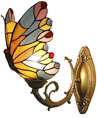 LITFAD Butterfly LED Wall Lamp Tiffany Style Wall Sconce Lighting Decorative Wall Mount Light Stained Glass in Antique Brass for Children Room Dining Room Restaurant Hotel - Yellow