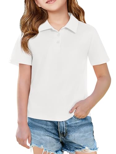 Haloumoning Girls Short Sleeve Polo Shirts Kids School Uniform Pique Polo Shirt 5-14 Years White