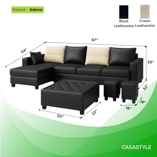 Image of CASASTYLE Texon 8 Seater Leatherette LHS L Shape Sofa Set with 1 Centre Table & 2 Puffy (Black) Premium Finish Comfortable Sectional Sofa Set