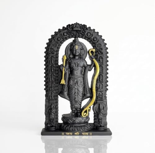Image of Ram Lalla Idol with Temple Arch Design, Black & Gold Finish Religious Statue, Jai Shri Ram Decorative Figurine for Home Temple, Puja Room, Car Dashboard, Office Desk & Spiritual Gift