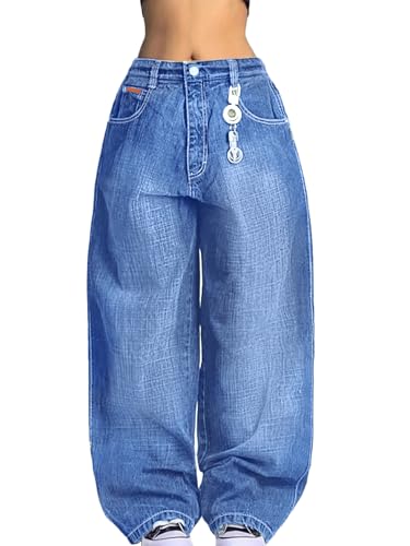 Image of EMMIOL Women Hip Hop 90s Vintage Baggy Jeans Denim Pants Mid Waist Jeans