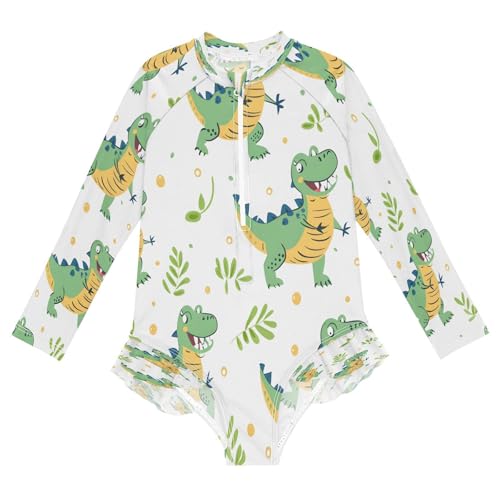 senya Toddler Girl Long Sleeve Ruffle Swimsuit One Piece Zipper Rash Guard Bathing Suit with UPF 50+ Green Crocodile