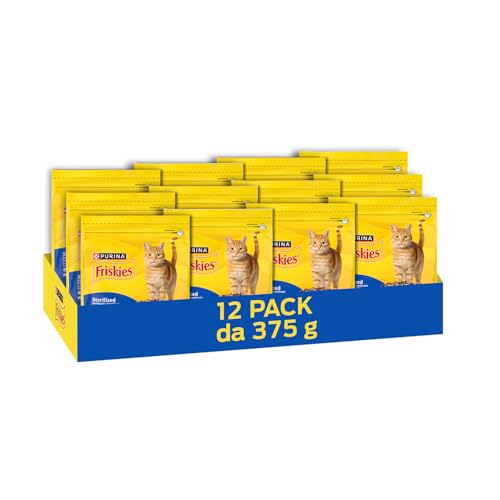 PURINA FRISKIES Sterilized crocchette per gatti adulti sterilizzati con un gustoso mix di Pollo e Tacchino e con Verdure in 12 Confezioni da 375 g