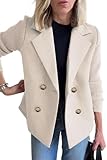 ebossy Women's Double Breasted Wool Pea Coat Notched Lapel Ribbed Knit Long Sleeve Sweater Short Blazer Jacket (M, Apricot)