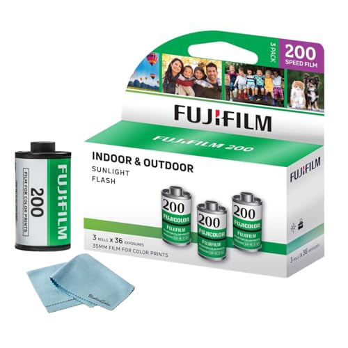 FUJIFILM 200 Color Negative Film (35mm Roll Film, 36 Exposures, 3-Pack) + BluebirdSales Microfiber Cleaning Cloth Bundle