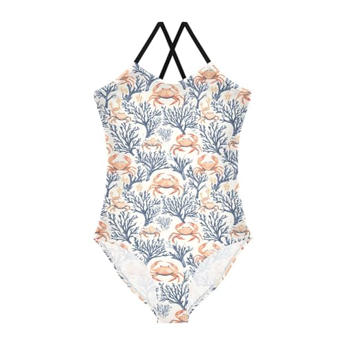 senya Girls Swimsuits One-Piece Swimwear Tie Bathing Suit Beach Summer Round Neck 9-10T Crab Coral Pattern