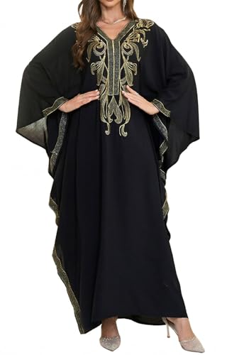 Image of Orshoy Womens Embroidery Kaftan Dress V-Neck Soft Maxi Beach Bikini Cover Ups Swimwear Beachwear Bathing Suit Summer Q-Black