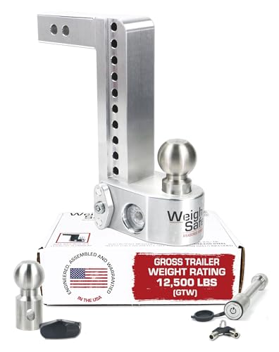 Weigh Safe Aluminum Adjustable Trailer Hitch - Towing Hitch with Built-In Tongue Weight Scale - Compatible with 2 Receivers - 10 Drop Stainless Steel Tow Balls 12 500 GTW 2-Piece Lock Set