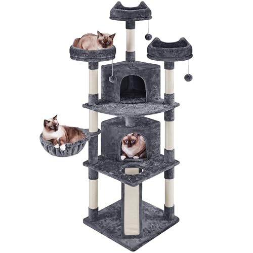 Yaheetech Kratzbaum 193 cm XXL deckenhoch Katzenkratzbaum Stabil Katzenbaum mit 8 Sisalstämme 2 Katzenhöhlen und 3 Aussichtplattformen, Dunkelgrau