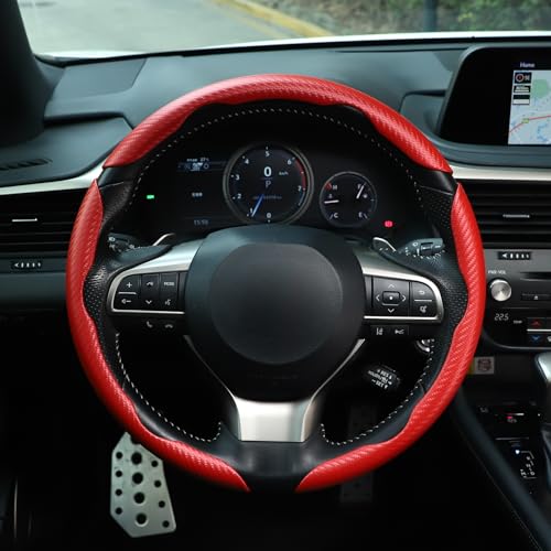 Image of Amiss 3pcs Carbon Fiber Anti-Skid Steering Wheel Cover, Waterproof & Segmented Butterfly Design, Universal 99% Vehicle Wheel Cover Protector, Car Interior Accessories (Red-3pcs)