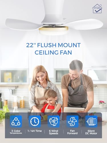 Image of LANMEL 22 Inch Flush Mount Ceiling Fan with Light and Remote, Low Profile Modern Ceiling Fan, 6 Speed, Reversible, 3000k-6500k Dimmable LED, Quiet DC Motor for Indoor Outdoor, White Gold