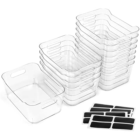 12 PACK Multi-Use Clear Plastic Storage Bins for Organizing w/ Labels - Home, Kitchen, Bathroom, Office, Pantry Cabinet Shelf Organizer Bins - SOHO Collection, RV, Fridge Organization Containers Cover