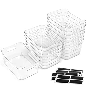12 PACK Multi-Use Clear Plastic Storage Bins for Organizing w/ Labels – Home, Kitchen, Bathroom, Office, Pantry Cabinet Shelf Organizer Bins – SOHO Collection, RV, Fridge Organization Containers
