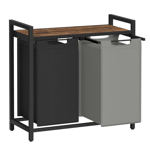 VASAGLE Laundry Hamper, Laundry Basket, Laundry Sorter with 2 Pull-Out and Removable Bags, Shelf, Metal Frame, 2 x 12.1 Gallons (46 L), 28.8 x 13 x 28.4 Inches, Bicolor and Rustic Brown UBLH