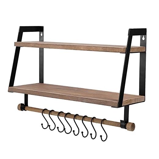 Vencipo Estantería de Pared de Madera para Organizador Especiero Cocina con 8 Ganchos Almacenaje, Estanteria Baño con Toalleros Accesorio, Estante Flotante para Decoracion Habitacion.