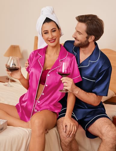 Image of Ekouaer Couple Matching Pajamas Sets Silk Short Sleeve Button Up Sleepwear