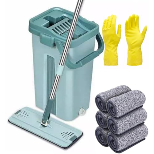 SWISSPACK Superior Sturdy And Strong Floor Mop and Bucket Set − Easy and Simple Squeeze Bucket, Flat Mop with 6-Pack Replacement Machine Washable Microfibre Mop Pads (Green)