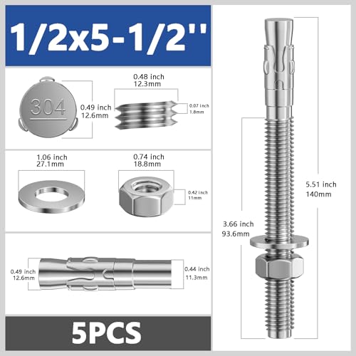 Wensilon 5Pcs 1/2x5-1/2 Inch Standard Fasteners for Heavy-Duty 304 Stainless Steel Wedge Anchors for Cement and Concrete by Wensilon - Image 3