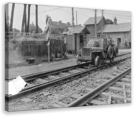 AUHUE Jeep On Railroad Tracks Battle Of Normandy France 1944 Poster Canvas Living Room Wall Decoration Painting Office Decor Frame 20x30inch
