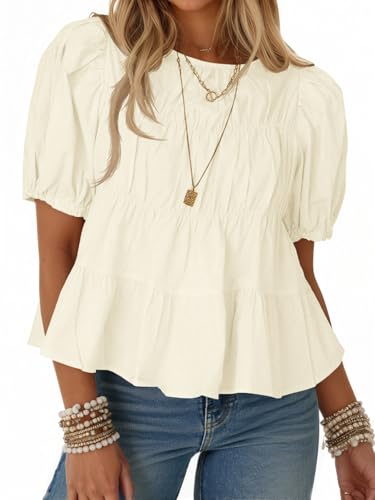 Image of Tankaneo Womens Puff Sleeve Peplum Babydoll Tops Summer Flowy Pleated Cotton T-Shirts Casual Loose Fit Cute Blouse