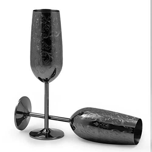 Sky Fish Etching Stainless Steel Champagne Flutes Glass Set Of 2, 200Ml Champagne Glasses Wedding Set For Wedding,Parties And Anniversary (Black Plated) #TOP1