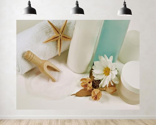 Trykid 5x3ft Spa Bath Essentials Backdrop with Starfish Towel and Skincare Products Photography Background Relaxing Home Decor Wellness Party Decoration Photo Booth Prop Fabric