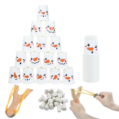 Christmas Stacking Cup Toss Game Snowball Bowling Carnival Slingshot Snowman Cup Throwing Toss Game with 30 Cups 30 Stickers 2 Slingshots 20 Balls for Holiday Family Party Accessories Indoor Outdoor