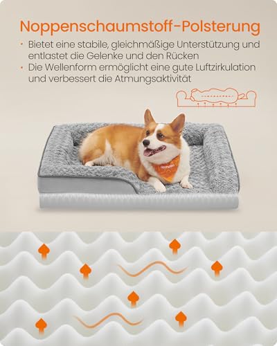 Feandrea Orthopädisches Hundebett für mittelgroße Hunde, wasserdichtes Hundesofa mit abnehmbarem Plüsch-Bezug, 91 x 68 x 16 cm, Taubengrau PGW252G01